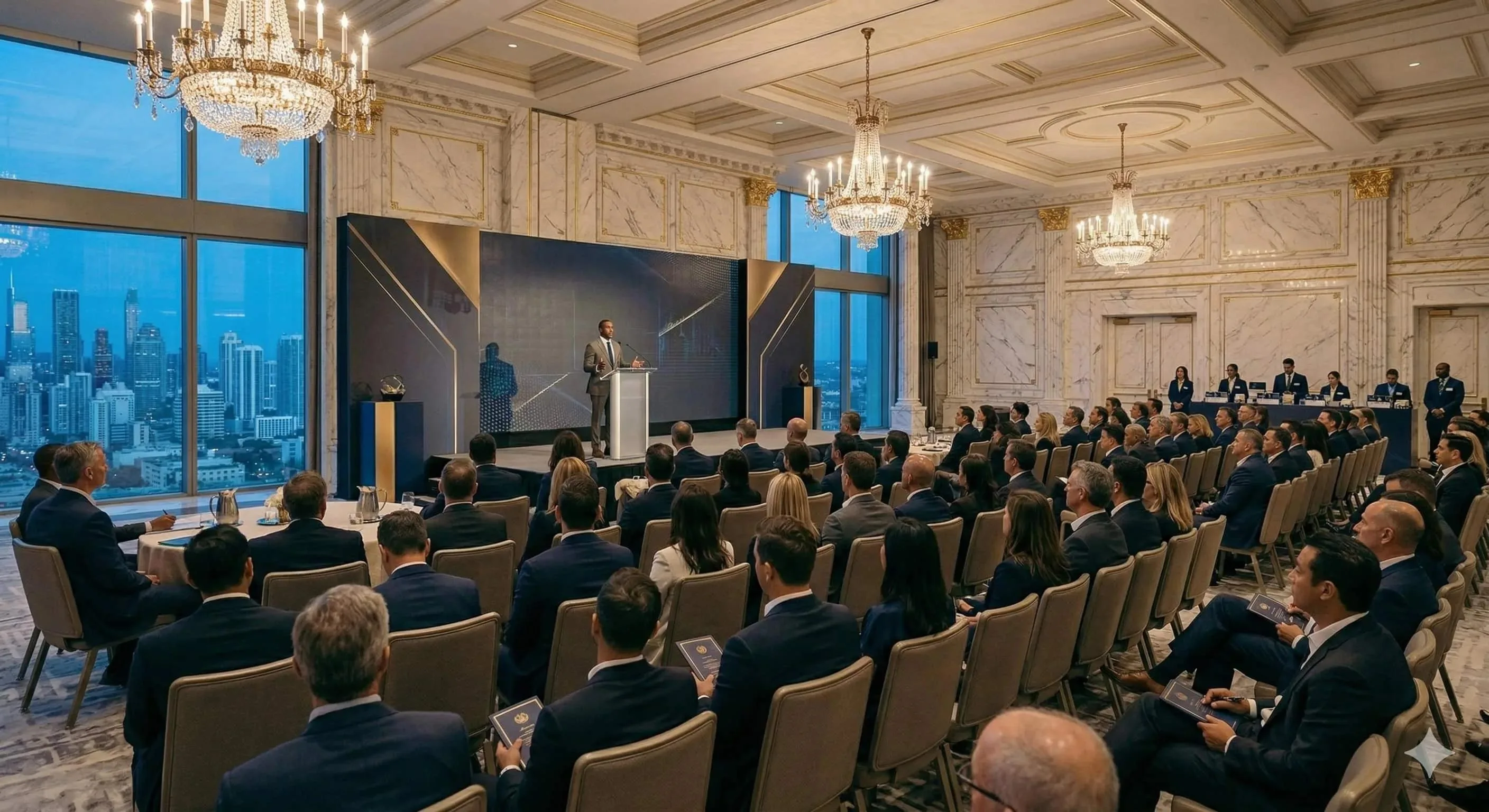Executive audience seated in a marble conference hall