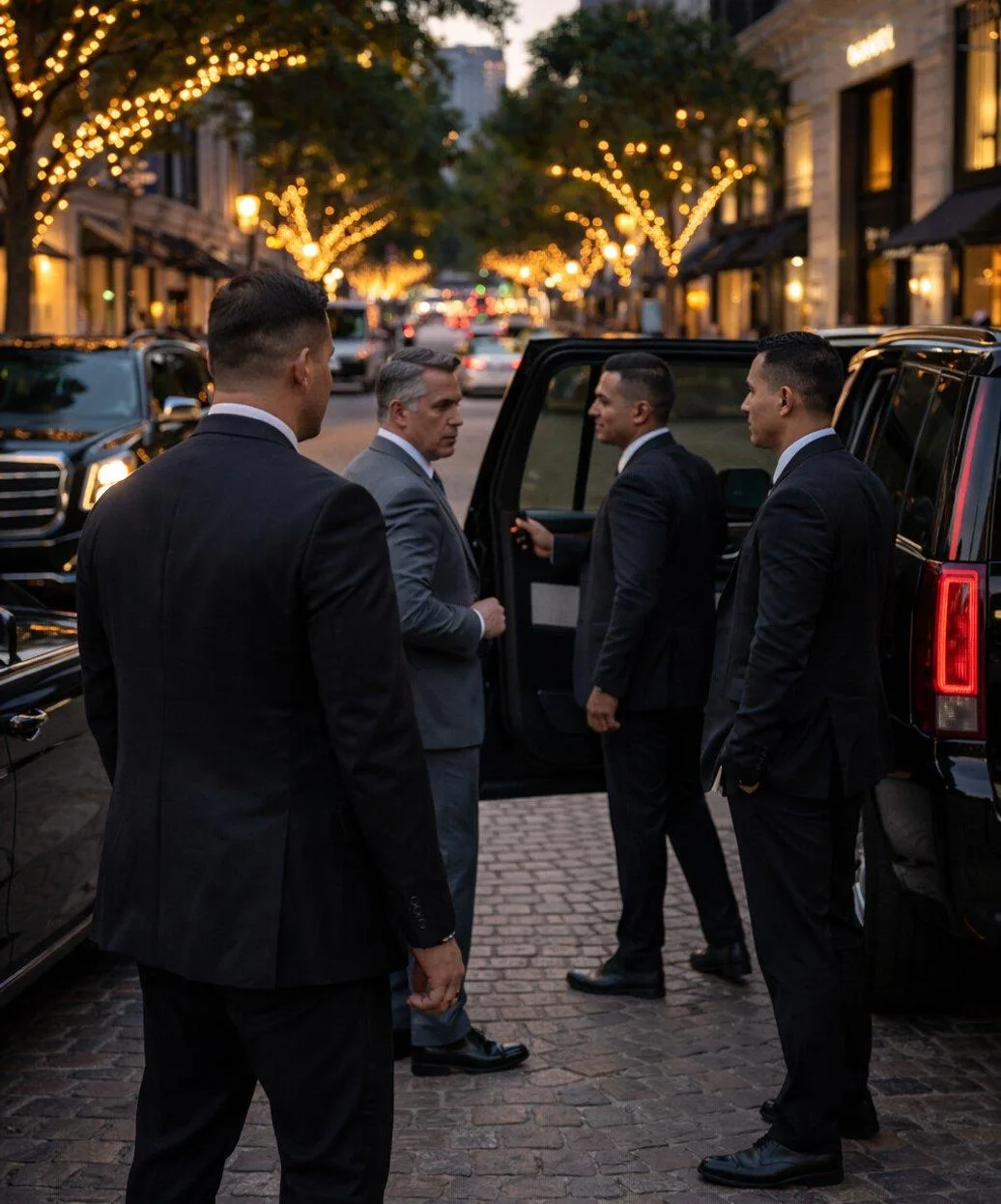 VIP protection detail escorting a client to a black SUV